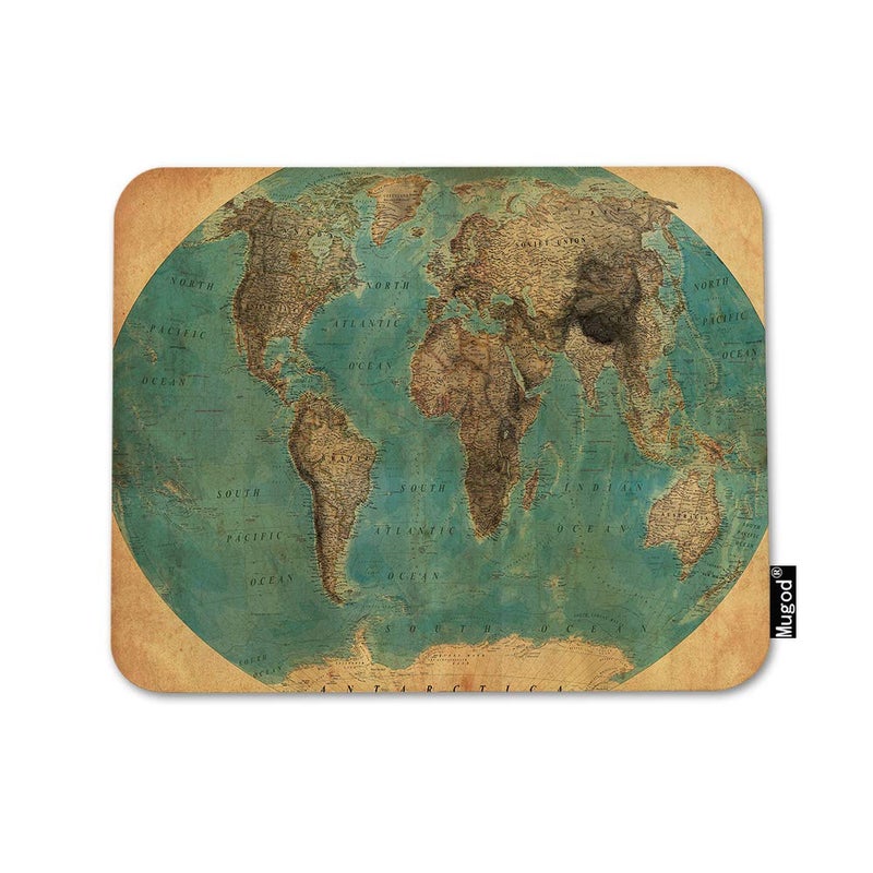 Mugod World Map Mouse Pad Old-Fashioned Map Ocean Signs Vintage Green Yellow Brown Mouse Mat Non-Slip Rubber Base Mousepad for Computer Laptop PC Gaming Working Office & Home 9.5x7.9 Inch - Image 1